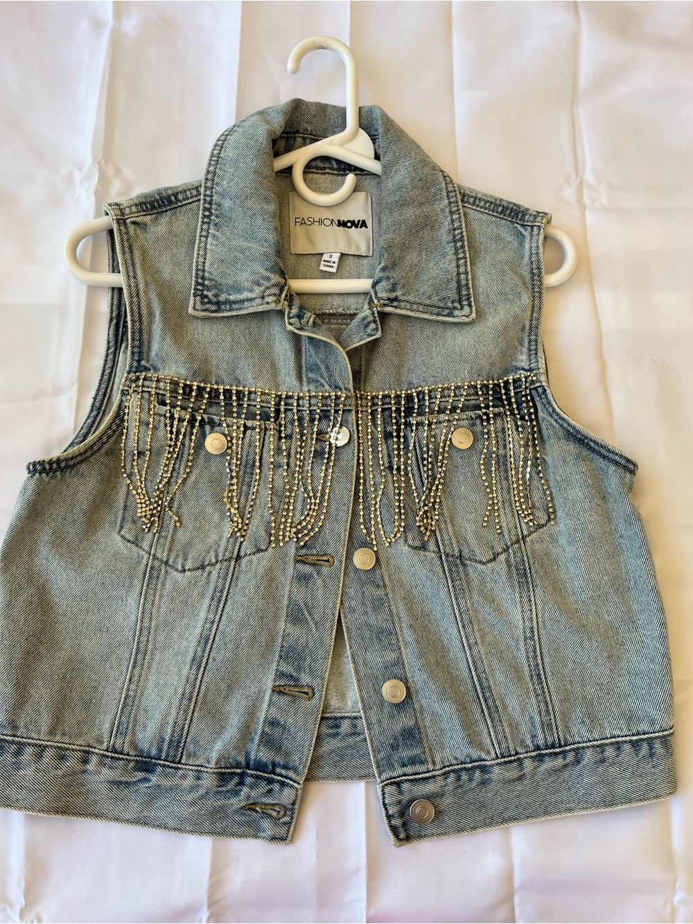 Fashion Nova Light Wash Denim Vest with Gold Beaded Fringe